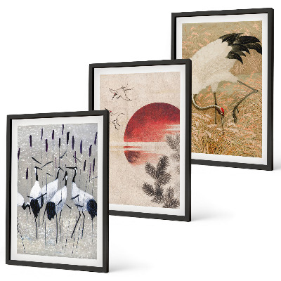 Set of 3 framed wall art pieces Japanese cranes landscape