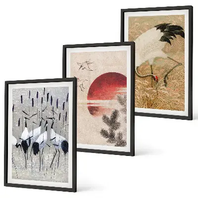 Japanese cranes landscape wall art set of 3 framed pieces