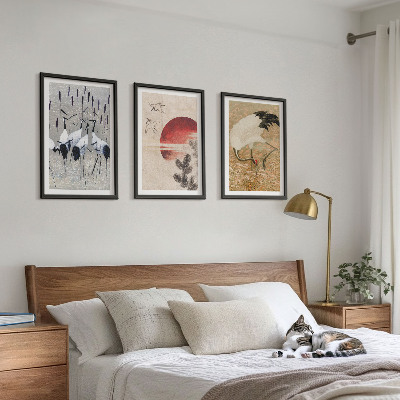 Set of 3 framed wall art pieces Japanese cranes landscape