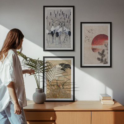 Set of 3 framed wall art pieces Japanese cranes landscape