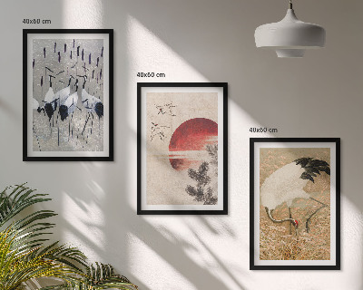 Set of 3 framed wall art pieces Japanese cranes landscape