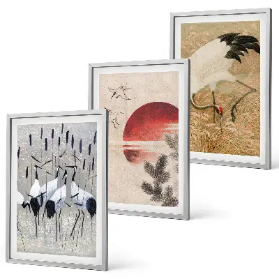 Japanese cranes landscape wall art set of 3 framed pieces