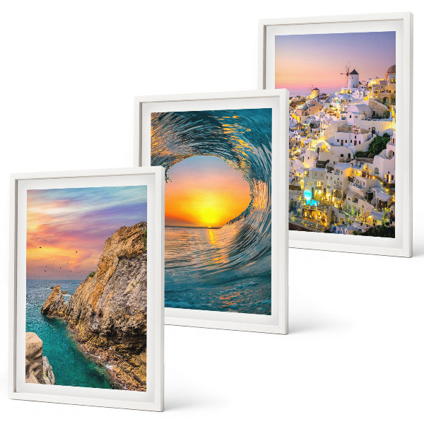 Three-piece wall art piece Sea waves white houses Santorini