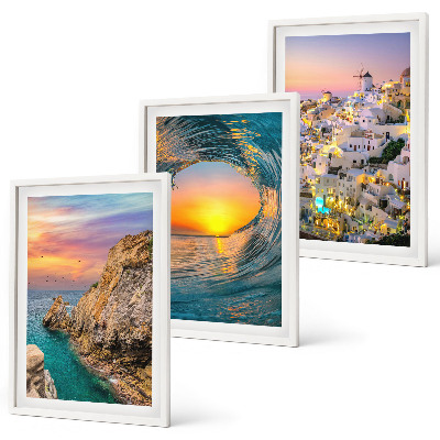 Three-piece wall art piece Sea waves white houses Santorini
