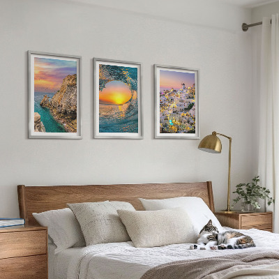 Three-piece wall art piece Sea waves white houses Santorini