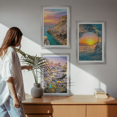 Three-piece wall art piece Sea waves white houses Santorini