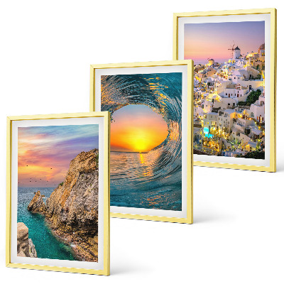 Three-piece wall art piece Sea waves white houses Santorini