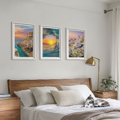 Three-piece wall art piece Sea waves white houses Santorini
