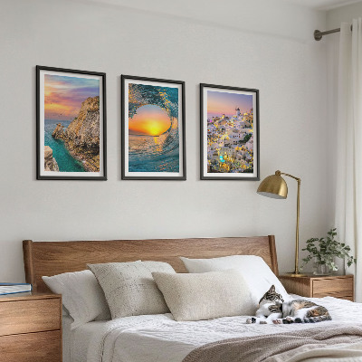 Three-piece wall art piece Sea waves white houses Santorini