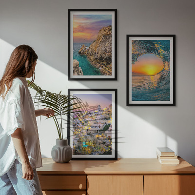 Three-piece wall art piece Sea waves white houses Santorini