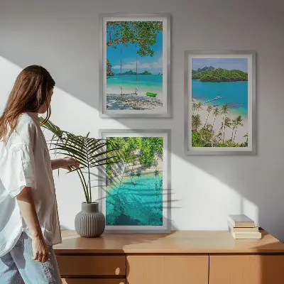 Set of 3 framed wall art pieces featuring beaches, palm trees, and clear water