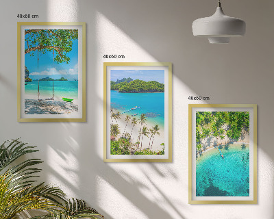 Set of 3 framed wall art pieces Beaches, palm trees, clear water
