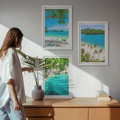 Set of 3 framed wall art pieces featuring beaches, palm trees, and clear water