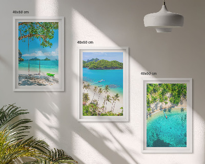 Set of 3 framed wall art pieces Beaches, palm trees, clear water