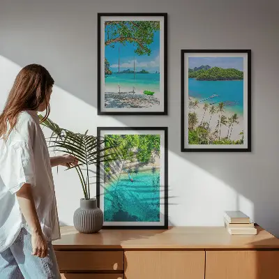 Set of 3 framed wall art pieces featuring beaches, palm trees, and clear water