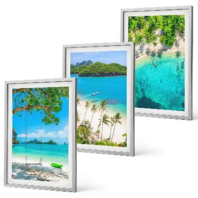 Set of 3 framed wall art pieces featuring beaches, palm trees, and clear water