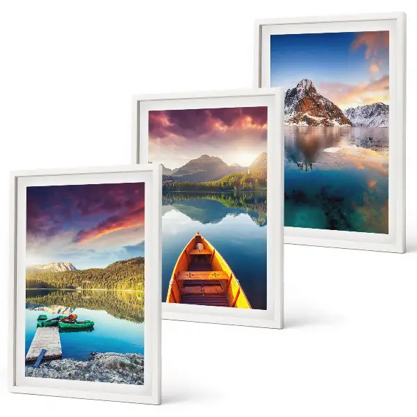 Three-piece wall art set lakes mountains and boat landscape scenery