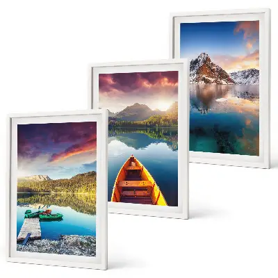 Three-piece wall art set lakes mountains and boat landscape scenery