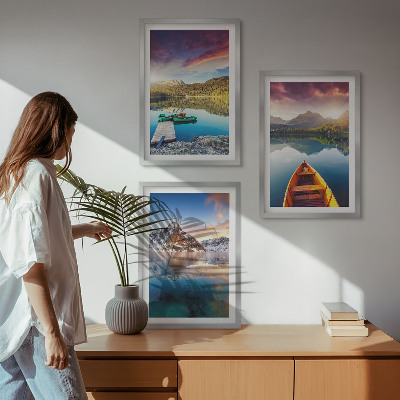 Three-piece wall art piece Lakes mountains boat peace