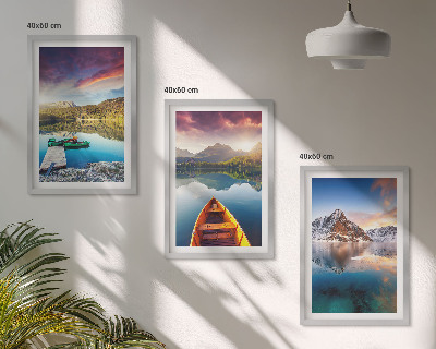 Three-piece wall art piece Lakes mountains boat peace