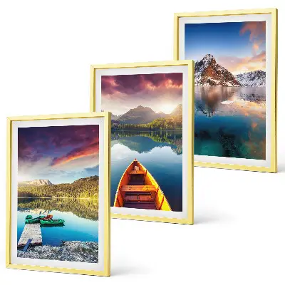 Three-piece wall art set lakes mountains and boat landscape scenery