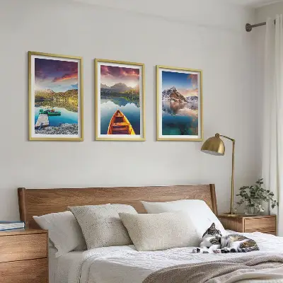Three-piece wall art set lakes mountains and boat landscape scenery