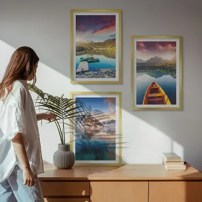 Three-piece wall art set lakes mountains and boat landscape scenery
