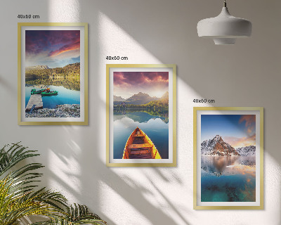 Three-piece wall art piece Lakes mountains boat peace