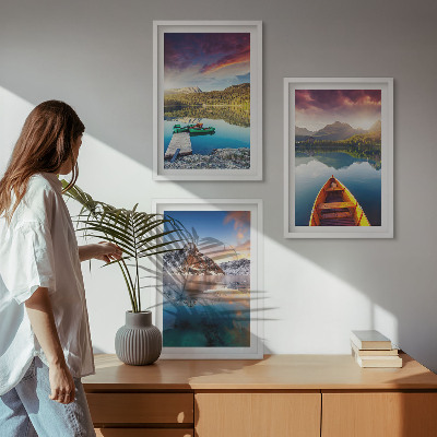 Three-piece wall art piece Lakes mountains boat peace
