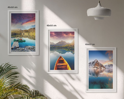 Three-piece wall art piece Lakes mountains boat peace