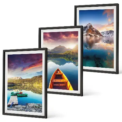 Three-piece wall art set lakes mountains and boat landscape scenery