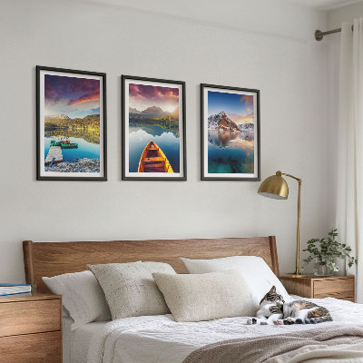Three-piece wall art piece Lakes mountains boat peace