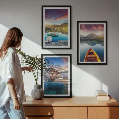 Three-piece wall art set lakes mountains and boat landscape scenery