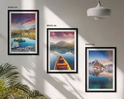 Three-piece wall art set lakes mountains and boat landscape scenery