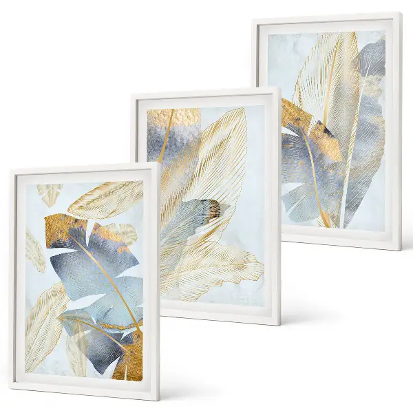 Set of 3 framed wall art pieces light blue and beige leaves