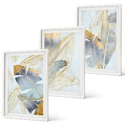 Set of 3 framed wall art pieces light blue and beige leaves