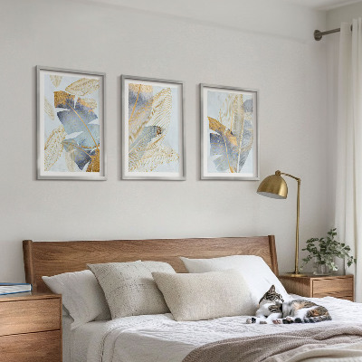 Set of 3 framed wall art pieces Light blue-beige leaves