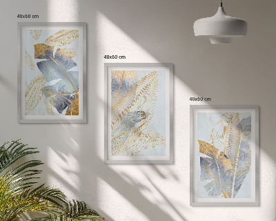 Set of 3 framed wall art pieces Light blue-beige leaves