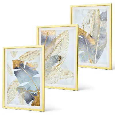 Set of 3 framed wall art pieces light blue and beige leaves