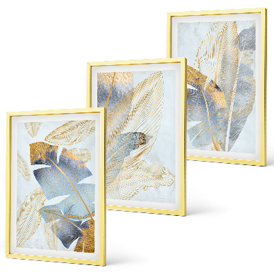 Set of 3 framed wall art pieces Light blue-beige leaves