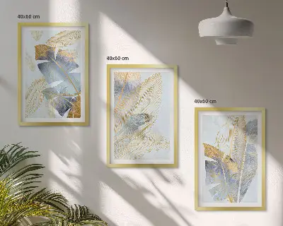 Set of 3 framed wall art pieces light blue and beige leaves