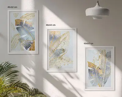 Set of 3 framed wall art pieces light blue and beige leaves