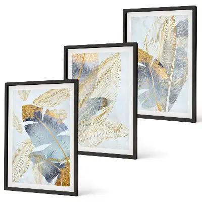 Set of 3 framed wall art pieces light blue and beige leaves