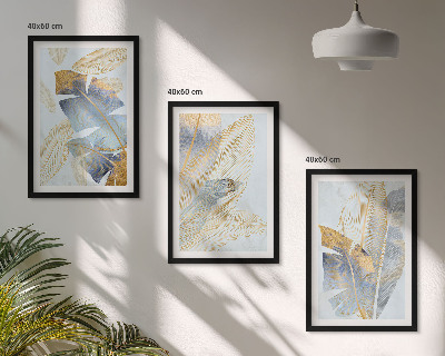 Set of 3 framed wall art pieces Light blue-beige leaves