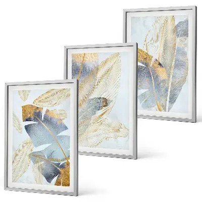 Set of 3 framed wall art pieces light blue and beige leaves