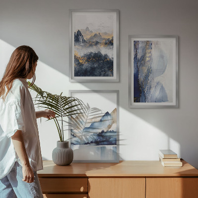 Wall art set Blue and gray mountain landscapes