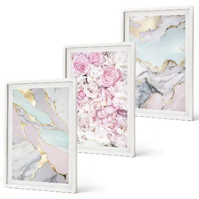 Three-piece pink flower wall art pastel marble design