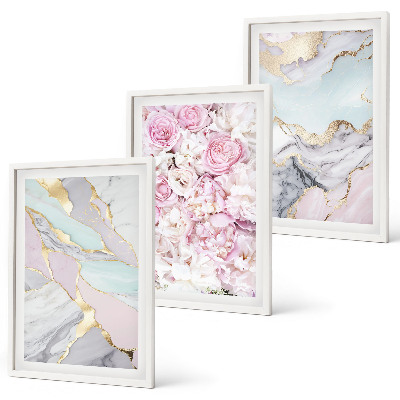 Three-piece wall art piece Pink flowers marble pastel
