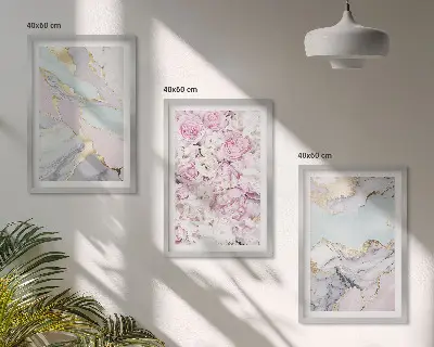 Three-piece pink flower wall art pastel marble design