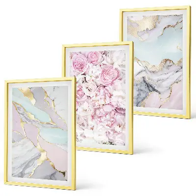 Three-piece pink flower wall art pastel marble design